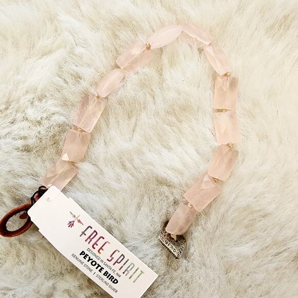 Peyote Bird Chunky Rose Quartz Pink Stone Leather Sterling Bracelet NEW - Picture 8 of 11